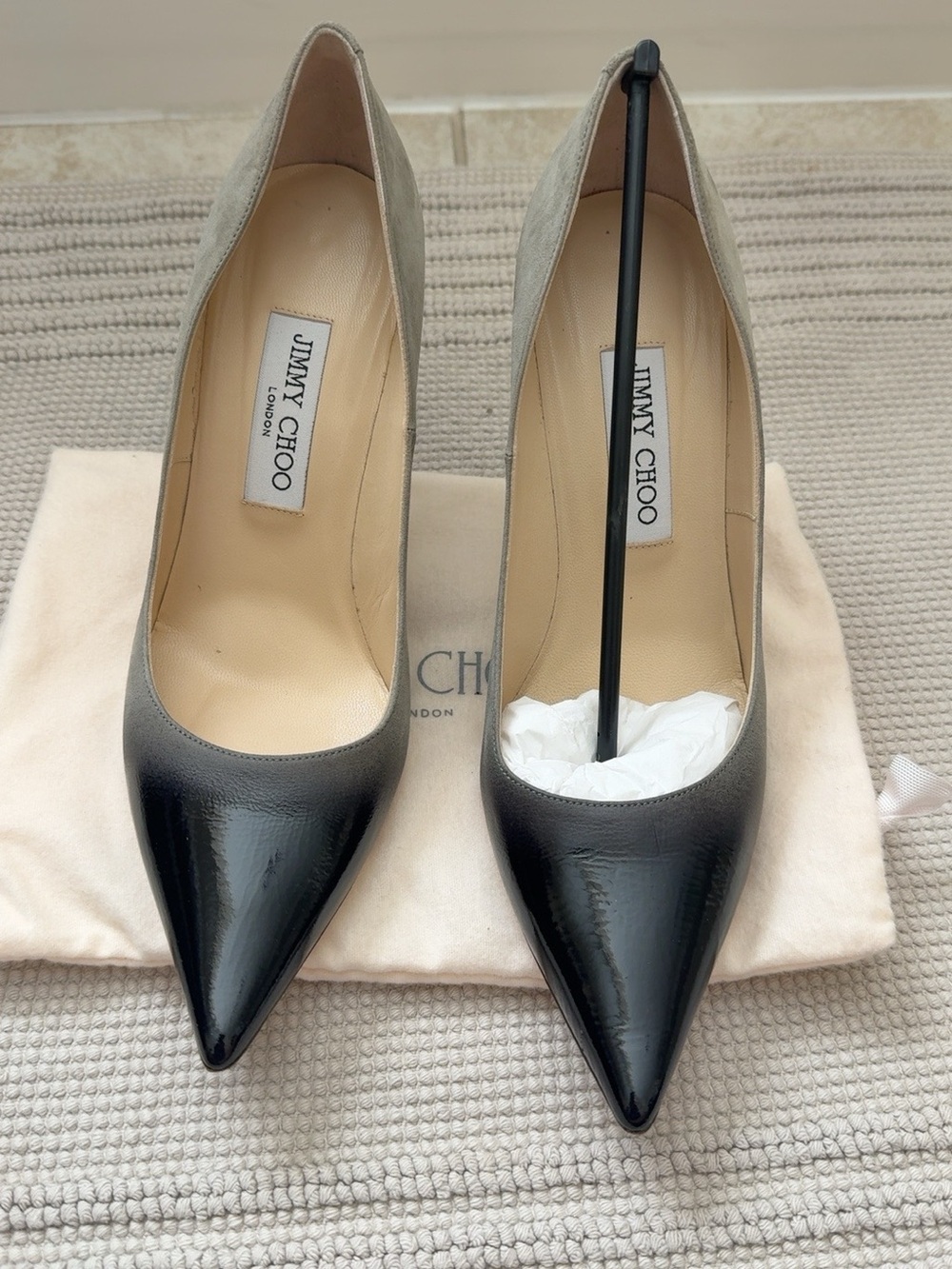 Jimmy Choo Gray Suede Black Patent Pointed Toe Pumps Size 38.5